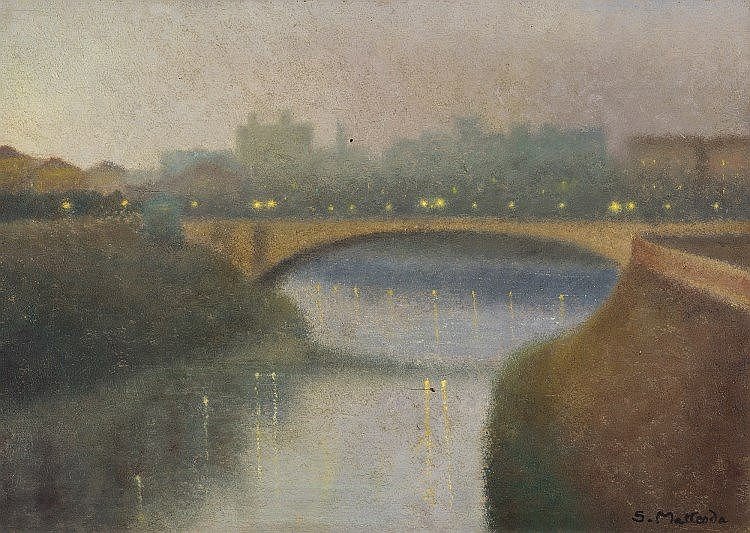 “Scorcio cittadino con ponte” (oil on wood, 37 × 52 cm) — auction archive